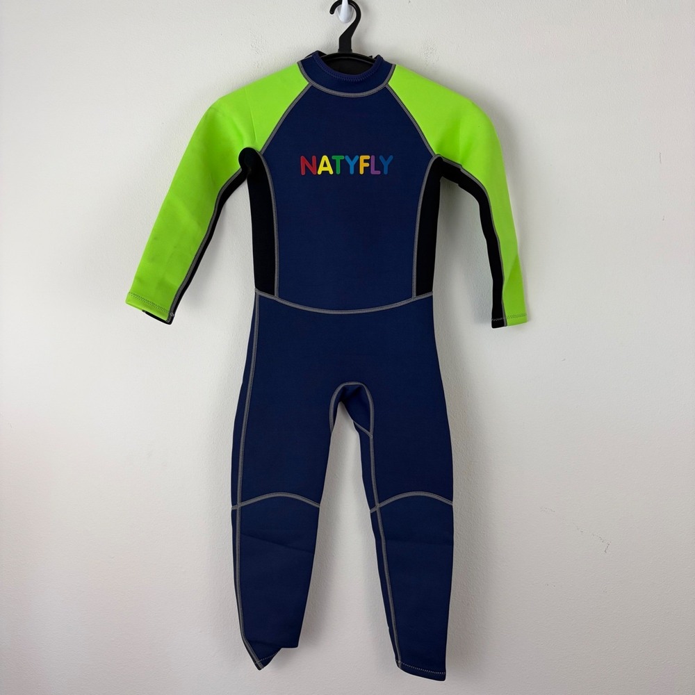 Natyfly Kids Full Body Wetsuit Navy Blue Lime Green Neoprene Size L
